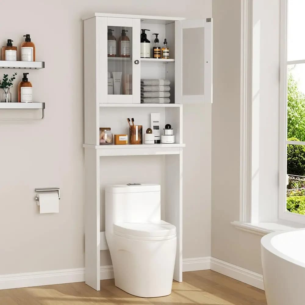 Mobiletto Salvaspazio da Bagno Sopra il WC, Organizzatore con Ripiani Regolabili e Doppie Ante in Vetro, Autoportante