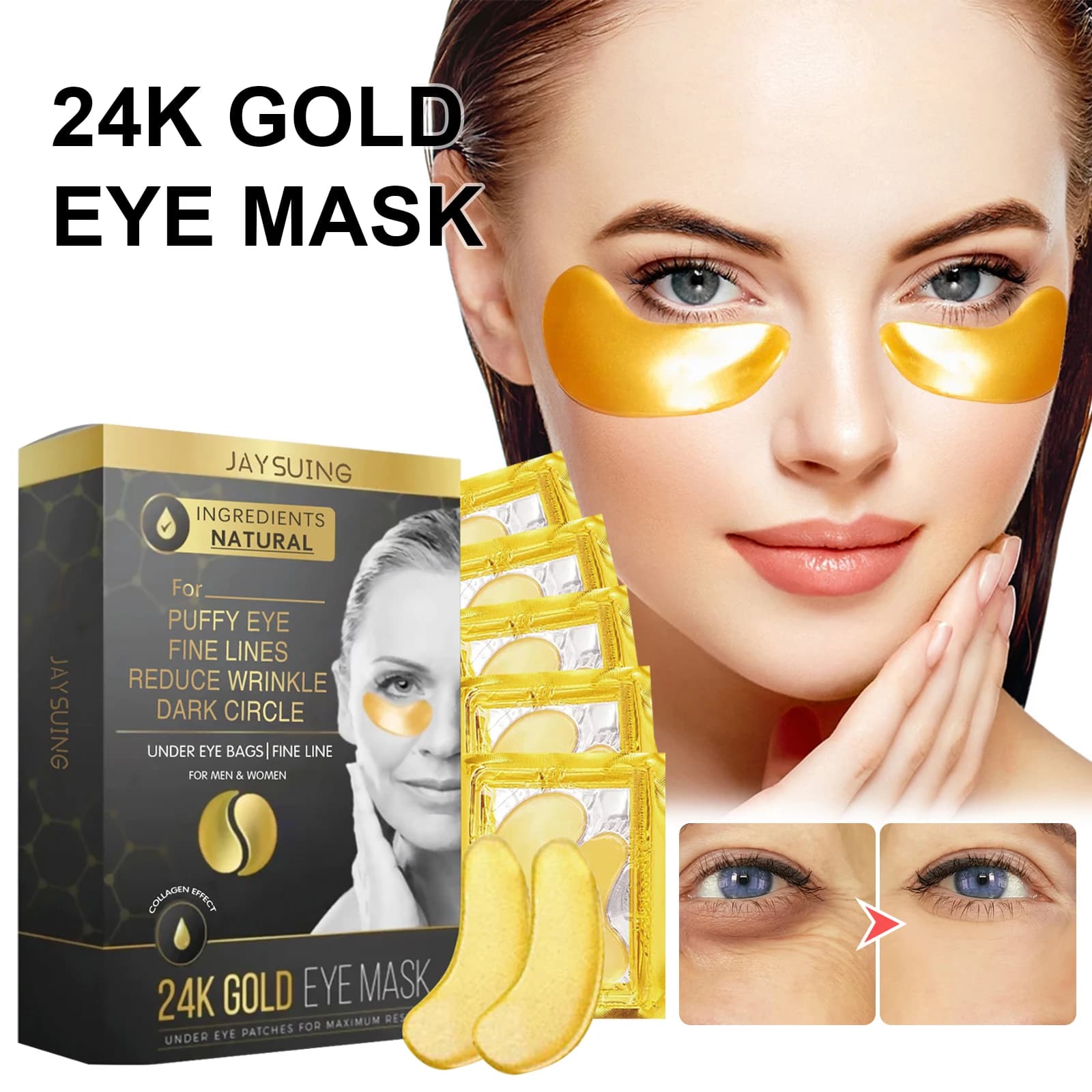 Jaysuing 24k Gold Eye Mask Desalinizzazione delle linee sottili e delle occhiaie Maschera idratante per gli occhi attillata