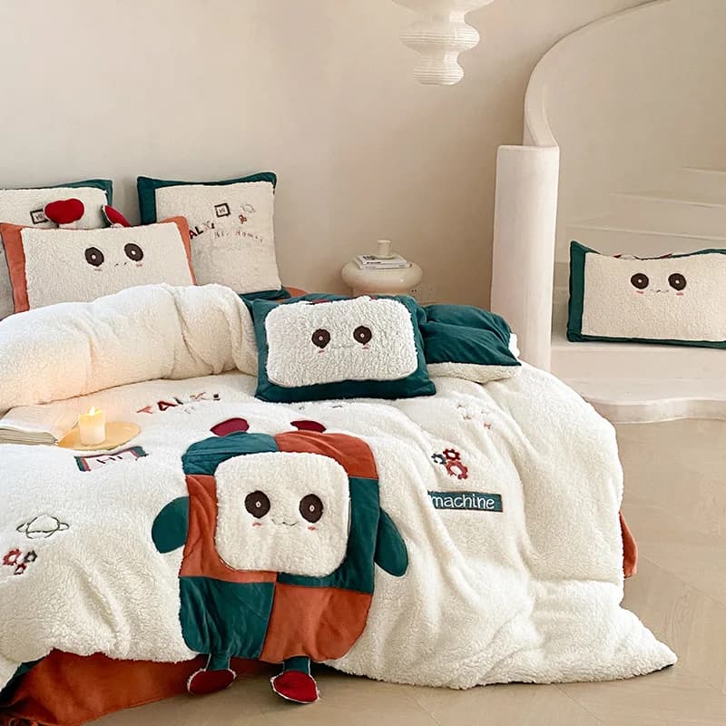 Copripiumino bifacciale in stile cartone animato invernale in pile di agnello addensato Set di quattro pezzi Copripiumino in pile corallo Biancheria da letto in peluche