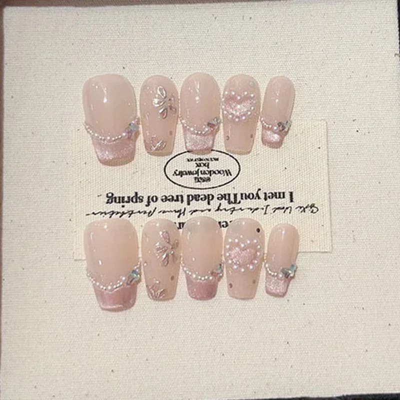 10 pieces cute handmade cat eye powder pink love pearl detachable art removable cover complete print on nails wearable manicure