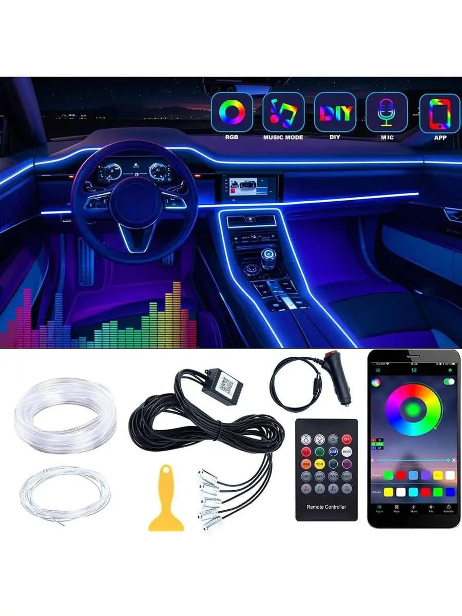 RGB 5-In-1 Ambient Lighting Kit, 236-Inch Fiber Optic 8-Color Car Neon Light, Car Interior Neon LED Light Strip, Car Interior
