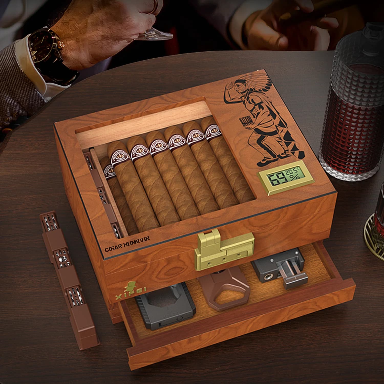 Cigar Humidor Box,Cedar Wood Desktop Cigar Case with Digital Hygrometer,Humidifier,Divider,Accessories Drawer & Combination Lock