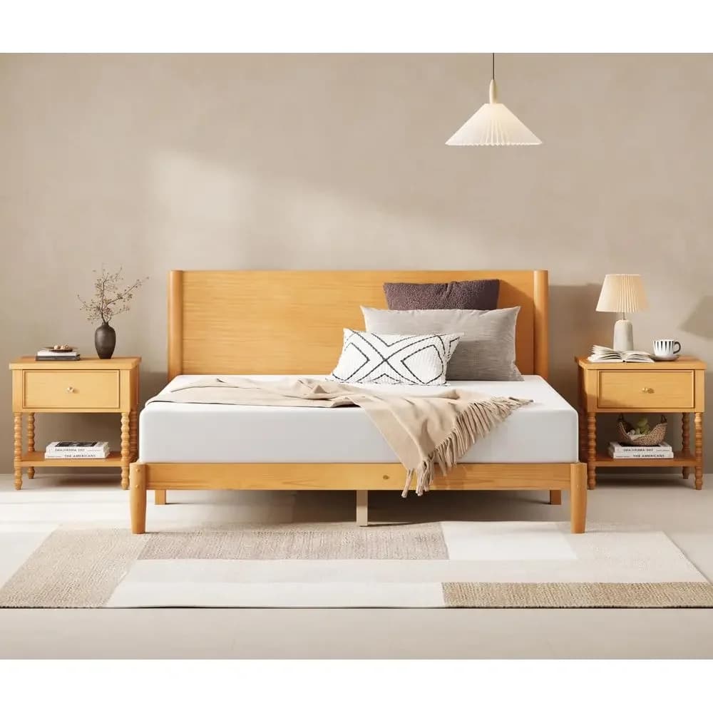 Set Camera da Letto 3 Pezzi con Letto Matrimoniale in Legno Massello con Testiera e 2 Comodini con Gambe Lavorate a Tornio, Stile Mid-Century