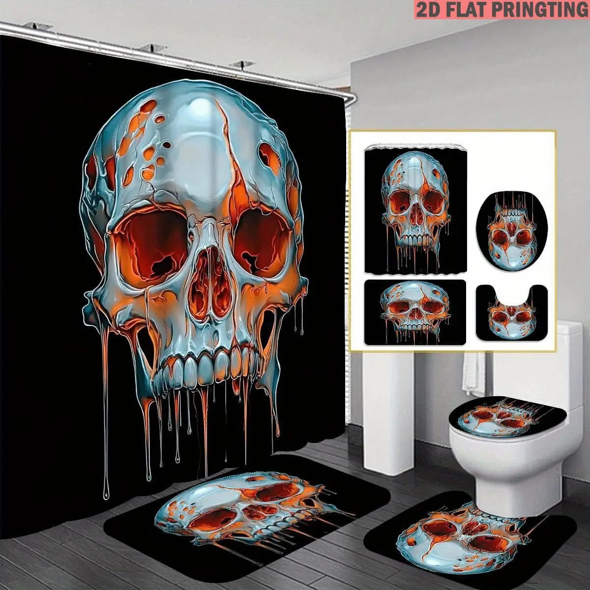 1pc/4pcs Shower Curtain and Bath Mat Set with Skull With Blue And Orange Dripping Paint Pattern Non-Slip Bathroom Decor