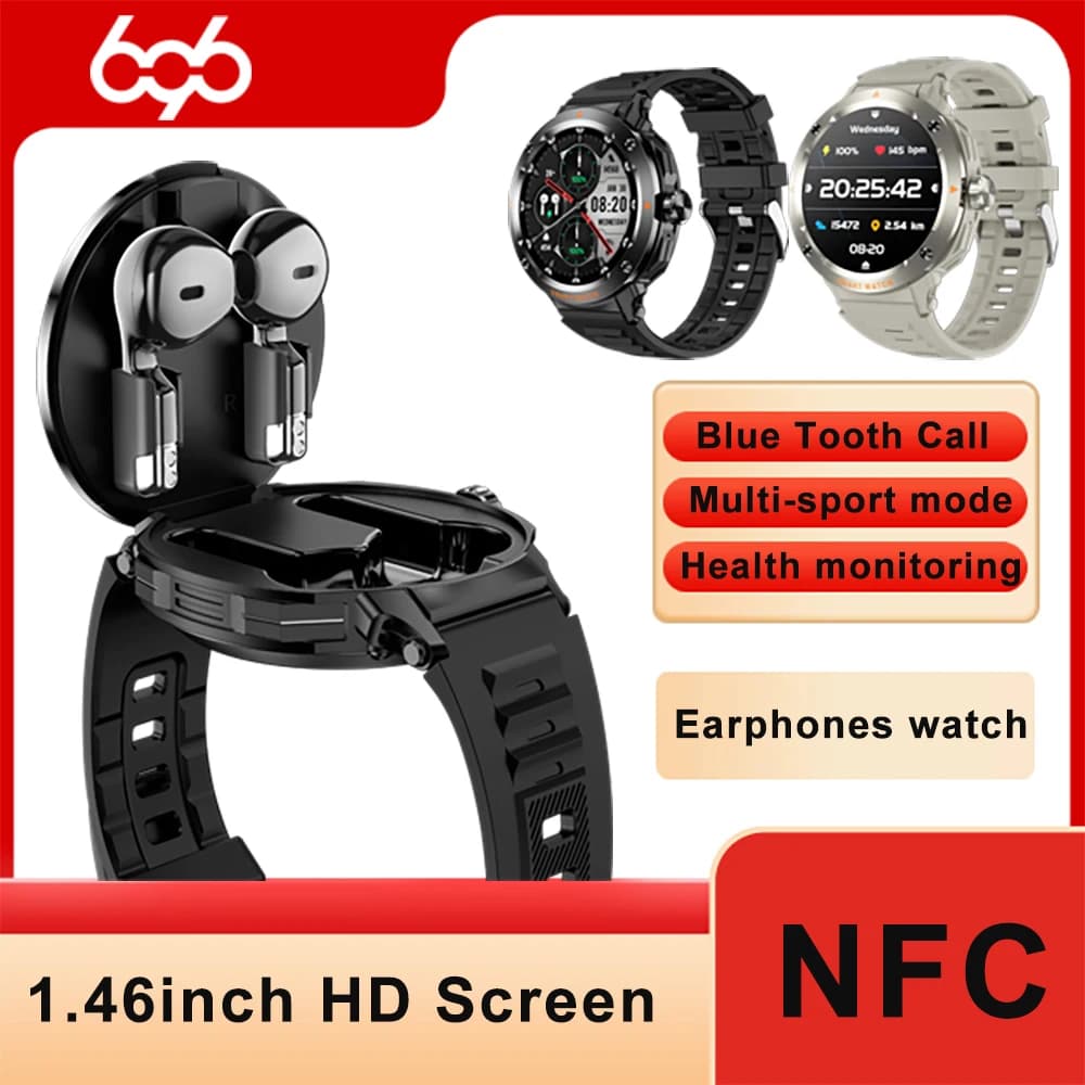 Orologio 2 in 1 Auricolare Smart Watch Blue Tooth Chiamata Frequenza cardiaca Salute Musica Cuffie Orologi Sport NFC Smartwatch Calcolatrice