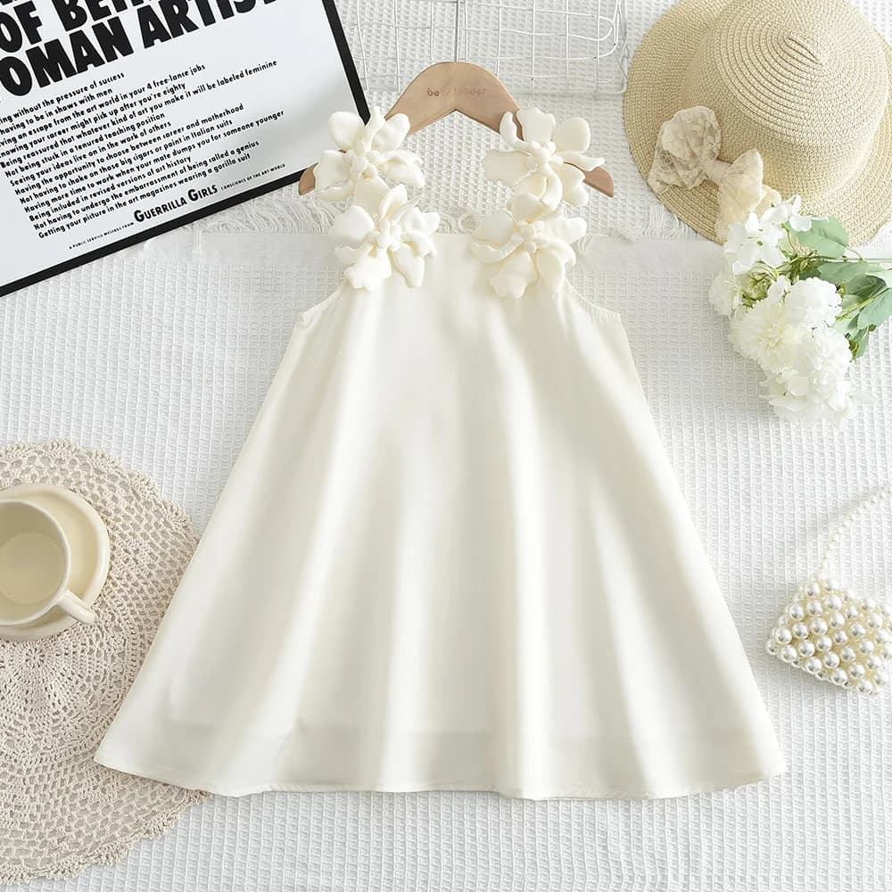 2025 Estate nuova versione coreana neonata abito casual in tinta unita bianco decorazione floreale 3D abito da principessa temperamento moda