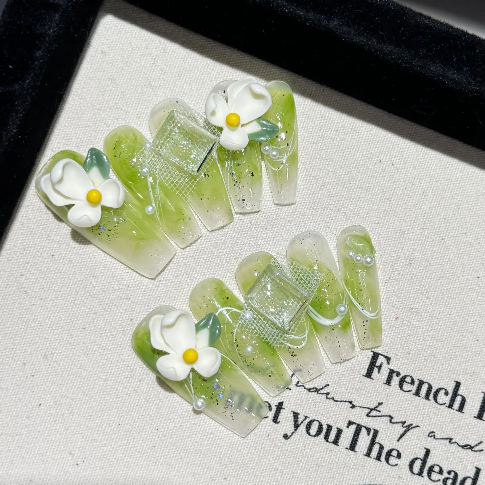 10pcs Pure Hand-Pressed Ultra-Long Coffin Nail Art, Nice Fake Nail, Green Elf Butterfly Flower Diamond light luxury, Good Choice