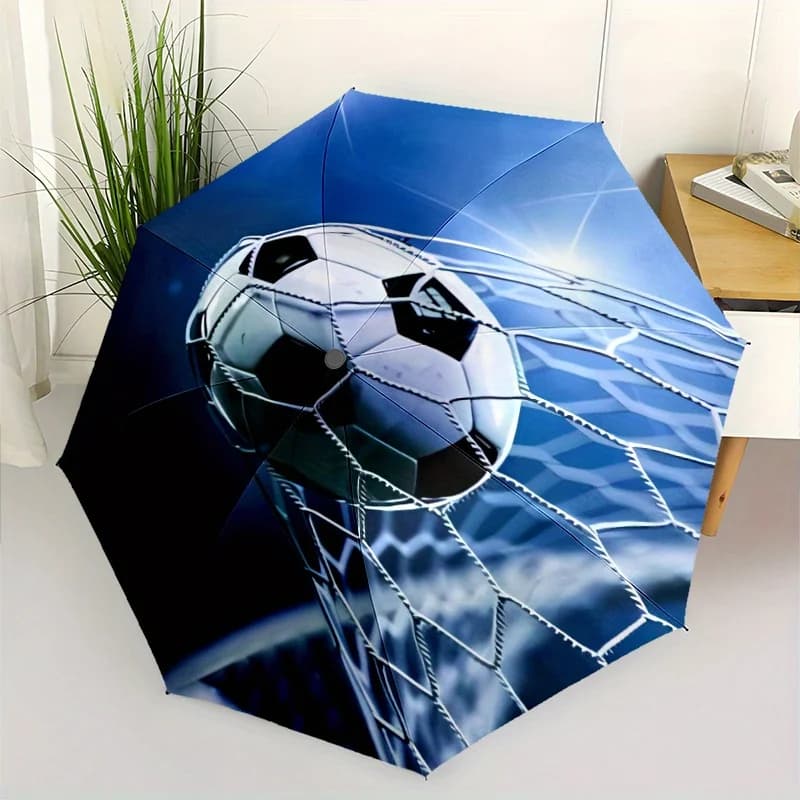 Ombrello Pieghevole Automatico a Forma di Pallone da Calcio e Rete, Protezione Solare, 8 Stecche Robuste, Telaio Durevole in Plastica e Ferro, Tema Sportivo Casual
