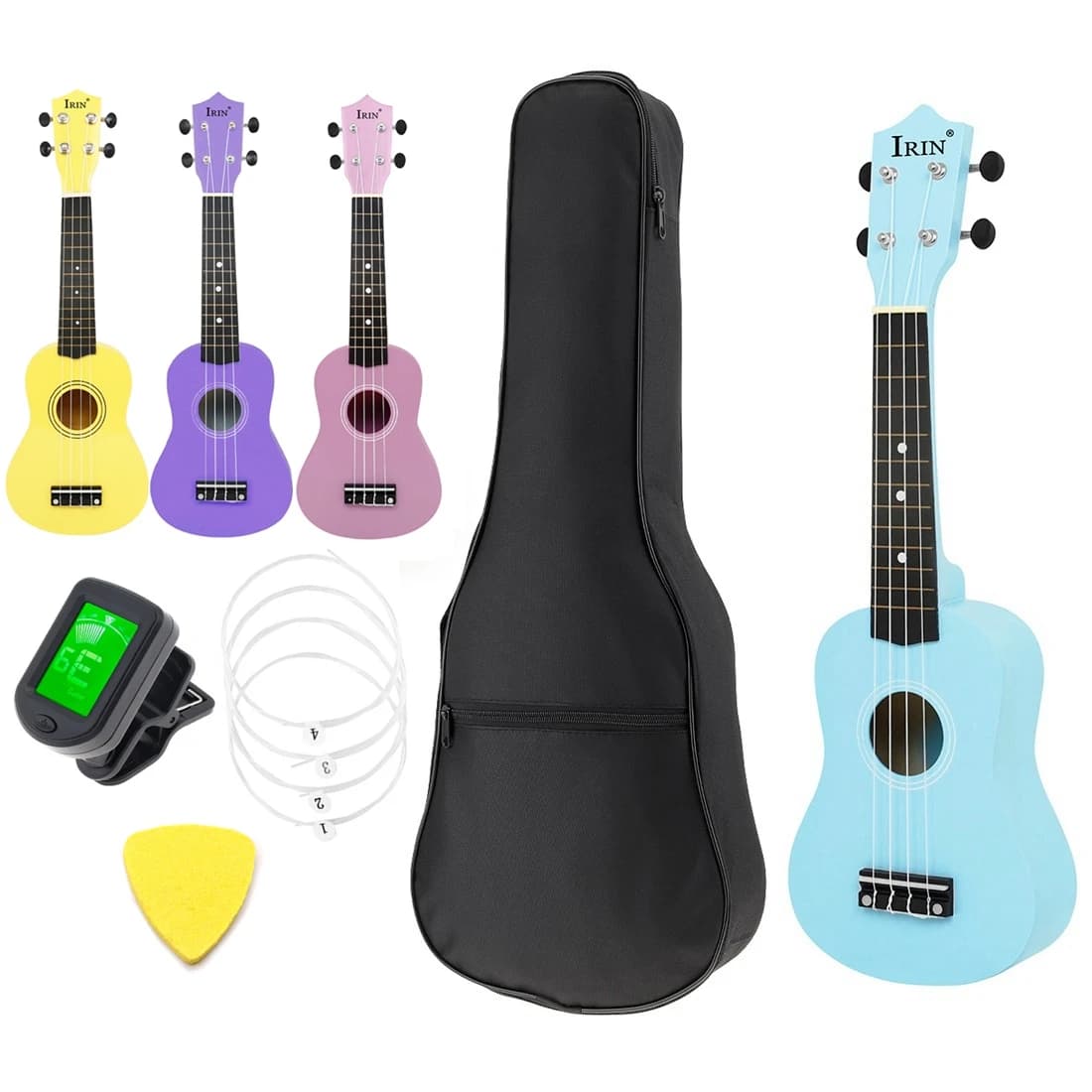 21 Inch Wood Soprano Ukulele Set for Beginners with Bag, Tuner, Pick, Extra Strings, Colorful Small Guitar