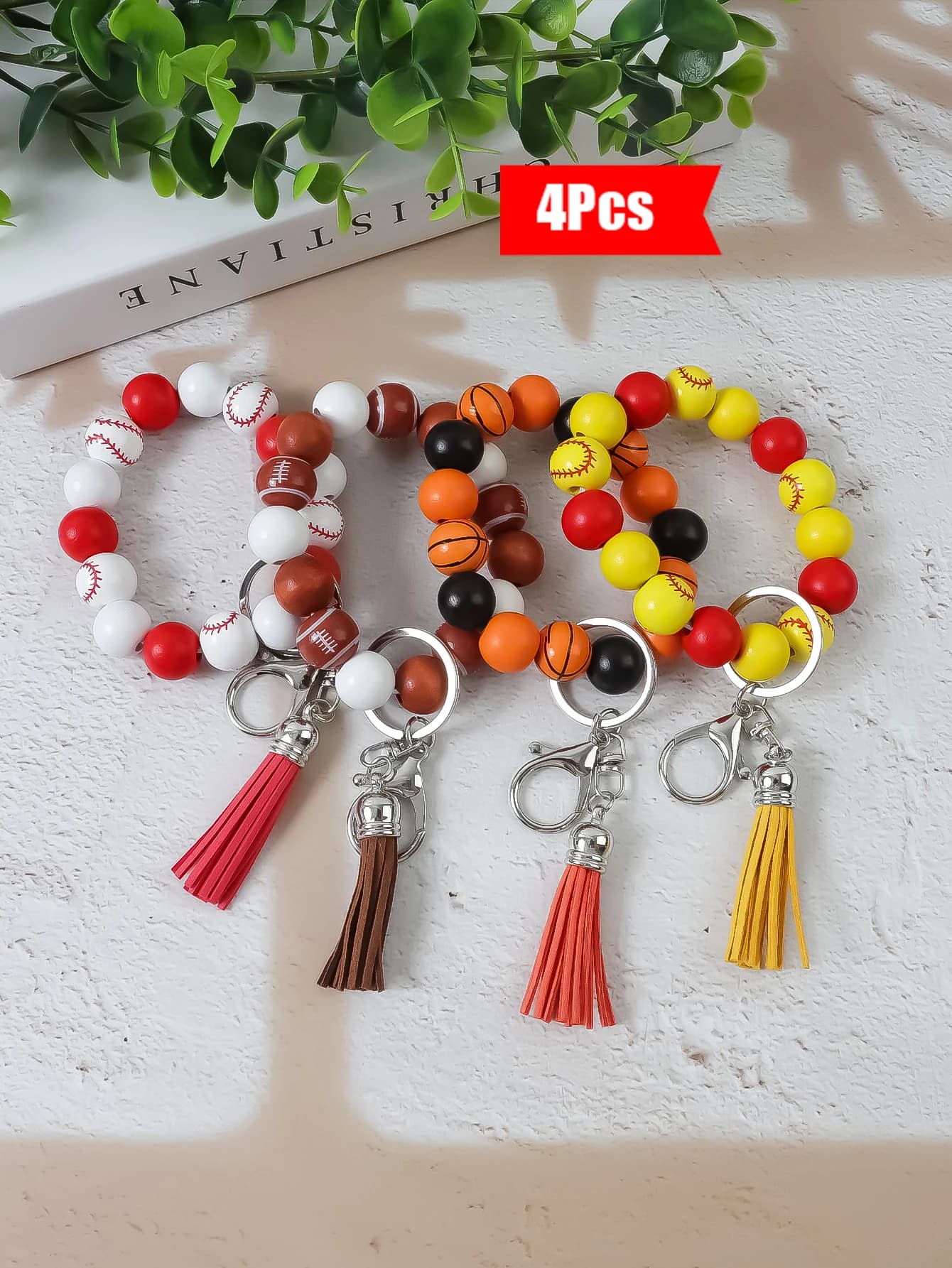 4Pcs Sports Beaded Wristlet Keychain, Baseball Basketball Football Softball Tassel Bracelet Key Ring, Sports Fan Backpack Bag Accessories Gift