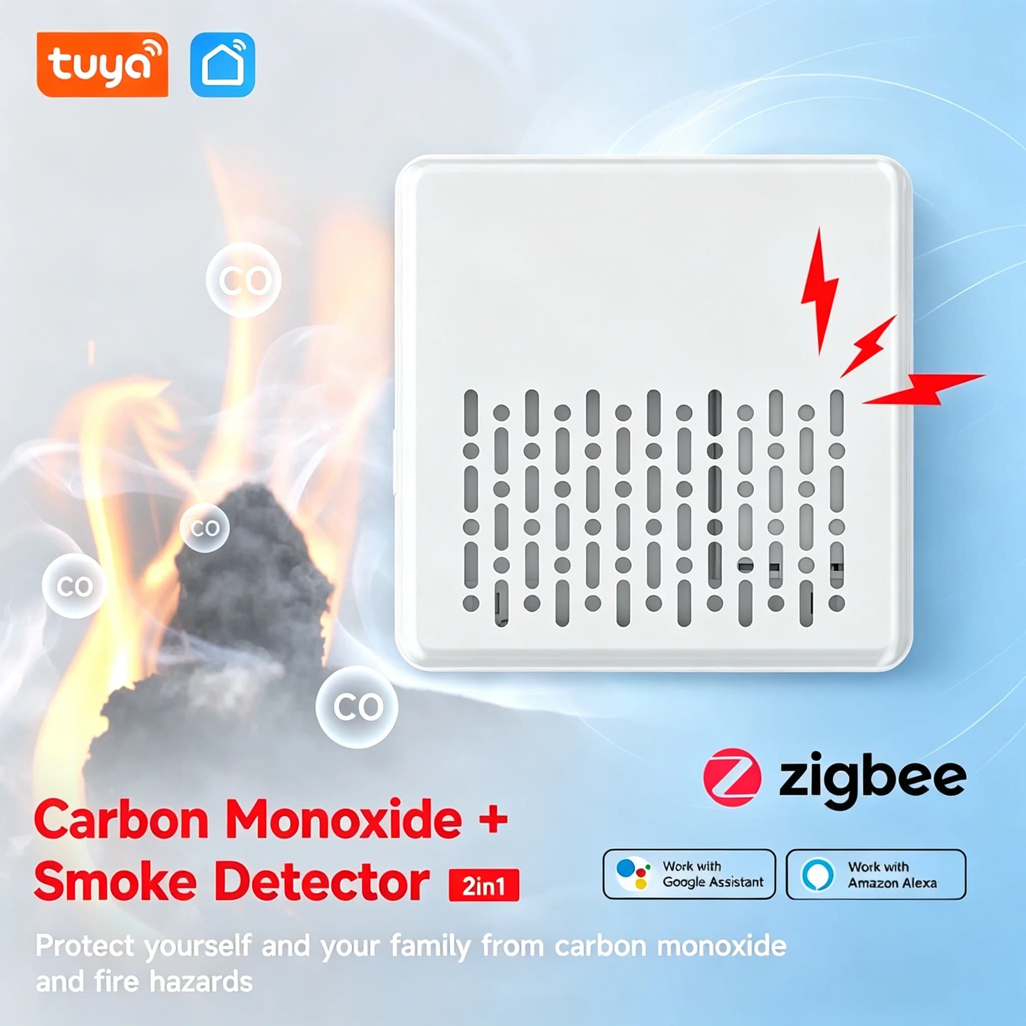 Tuya 2 in 1 Zigbee Smoke Carbon Monoxide Detector Fire CO Alarm Sensor Smart Life Alexa Google Mobile Push Safety Detector