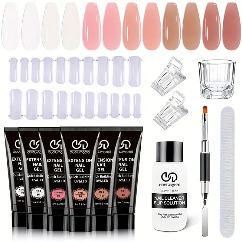 Set di strumenti per gel per extension unghie, con colori versatili come trasparente, bianco, rosa e marrone, include 30 ml di soluzione slip solution