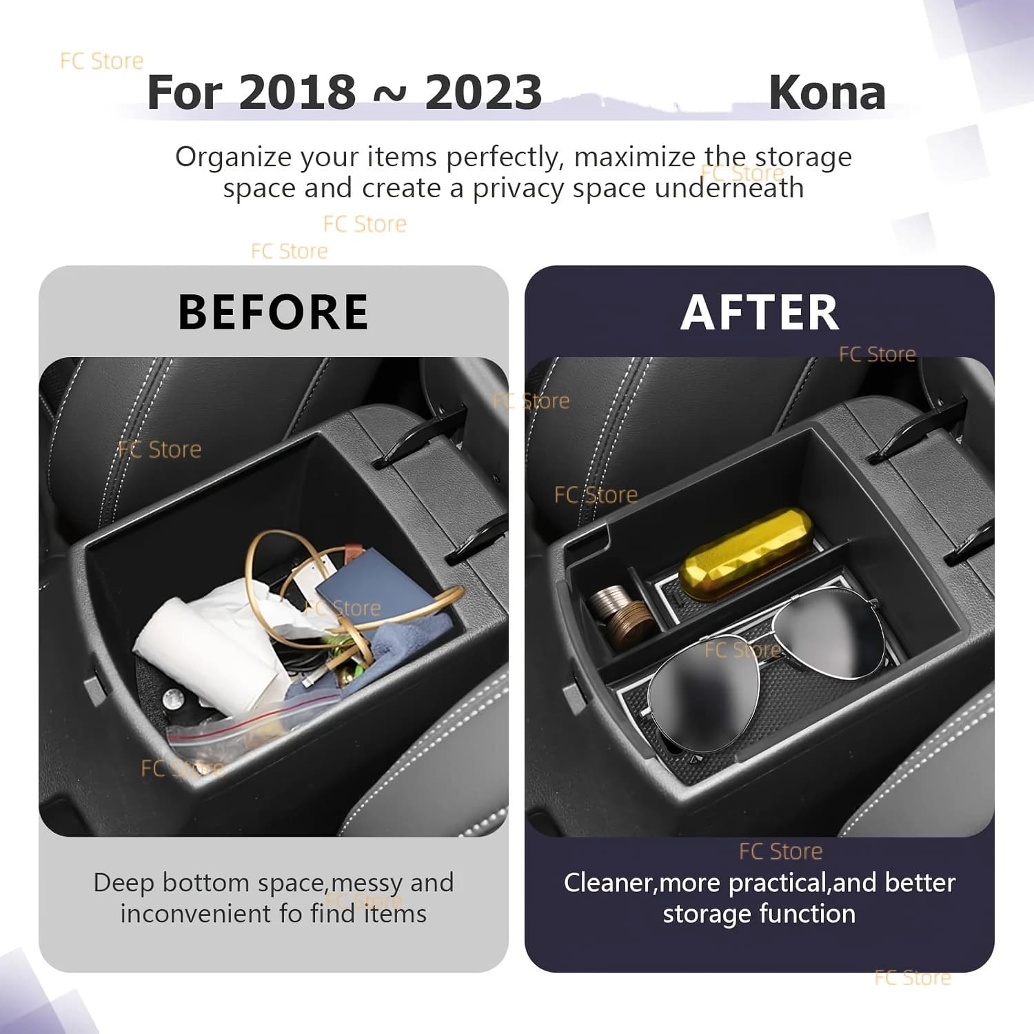 Organizer per Console Centrale Hyundai Kona, Accessori Interni 2018-2023 per Kona SE/SEL/Limited/N/N-Line/Hybrid, Bracciolo
