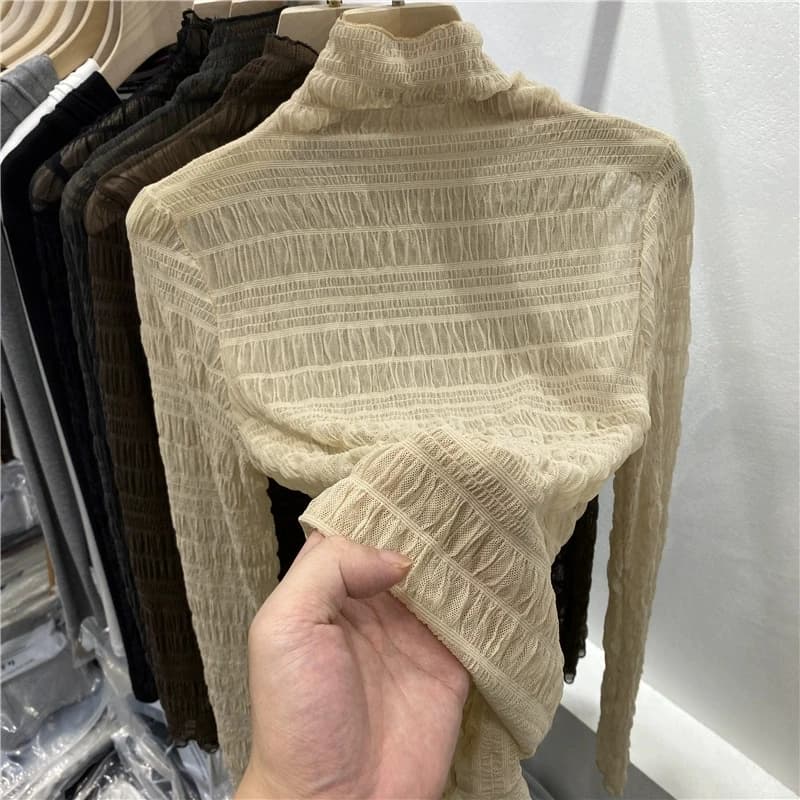 Camicetta a rete con mezzo dolcevita in pile primaverile Camicette da donna in pizzo con piega a maniche lunghe Camicette da donna con fondo sottile tutto abbinato Blusas Top corti