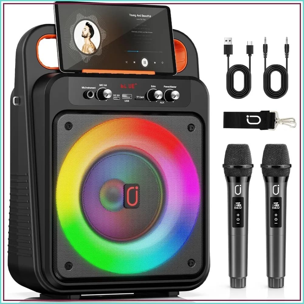 Portable Karaoke Machine with 2 Wireless Mics, Bluetooth Speaker, LED Lights, 12H Battery, Support USB/AUX/TF for Home Party