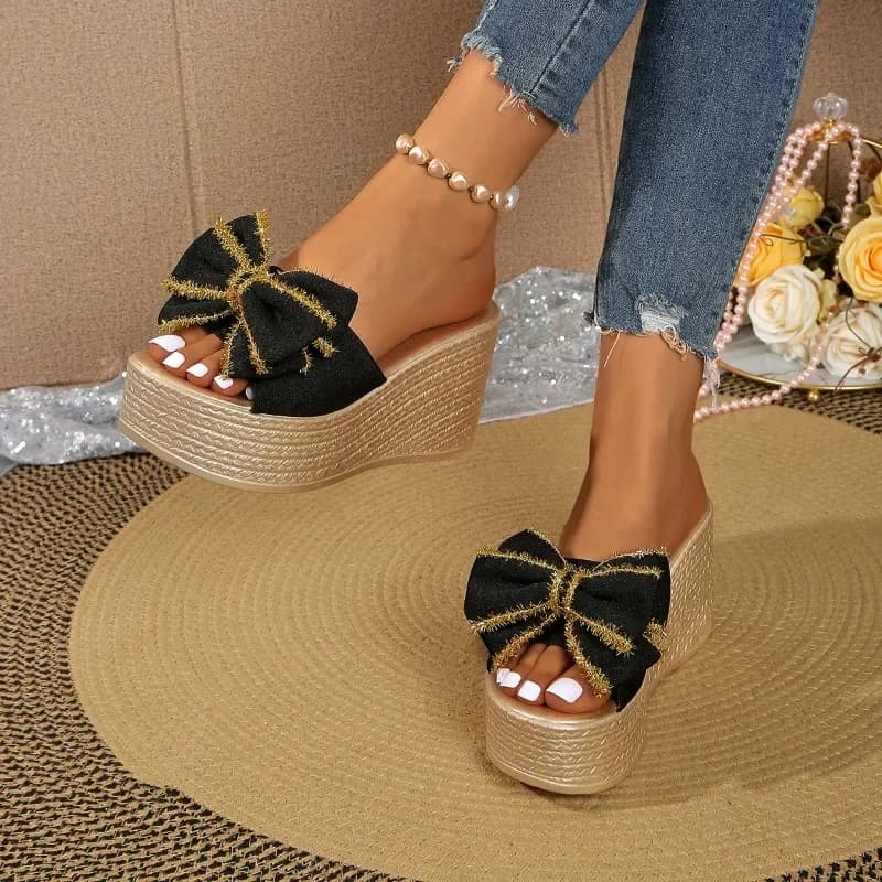 Women's slippers, bow wedge heels, thick-soled shoes, 2025 summer new women's beach slippers, women's shoes, large size