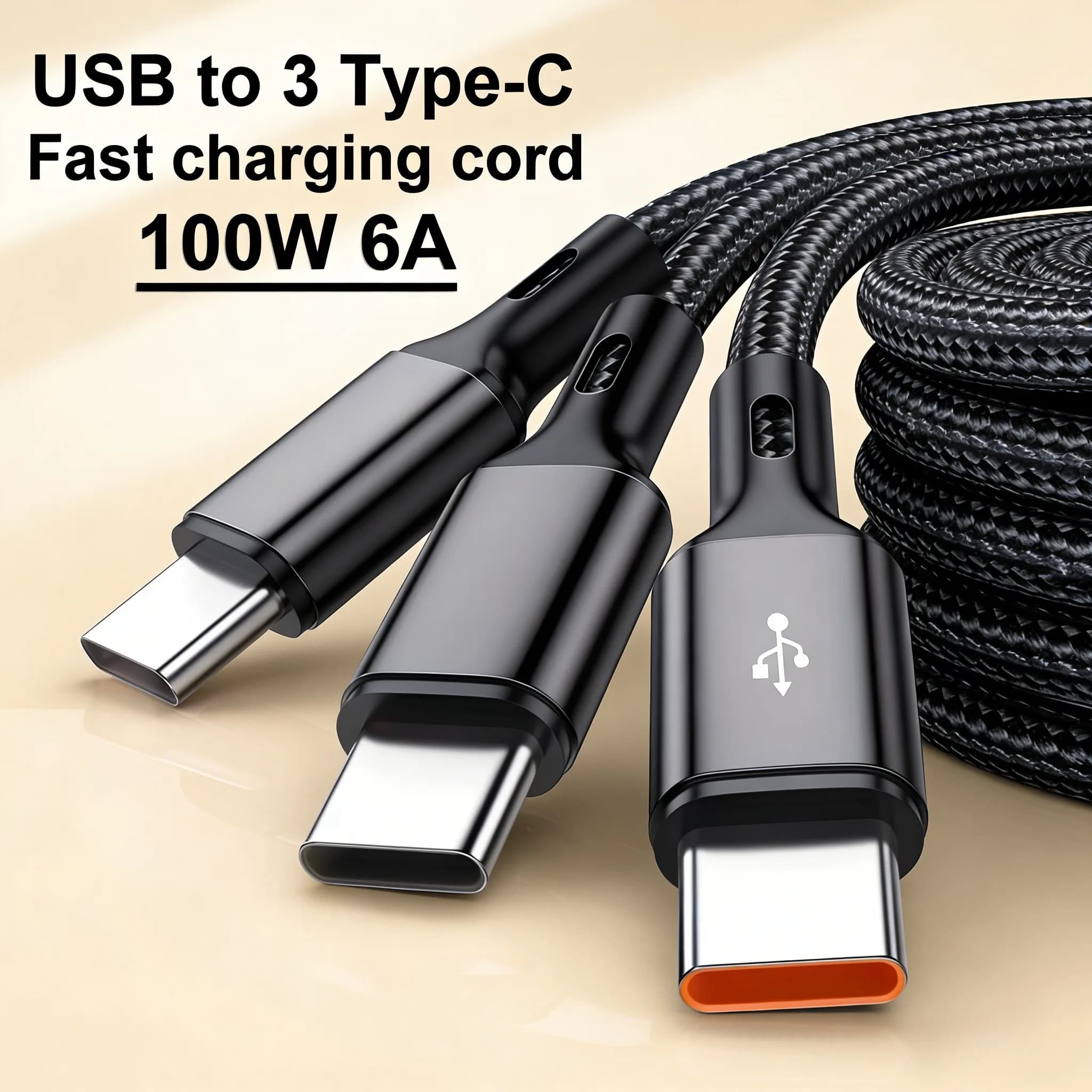 Cavo dati USB Type C 3 in 1 da 100W 6A per ricarica rapida, cavo caricabatterie per cellulari Samsung, Huawei, Xiaomi, Honor, con tecnologia Quick Charge.