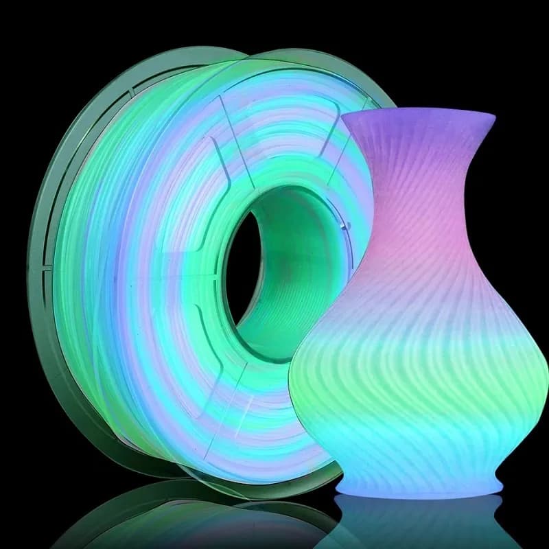 Filamento per Stampante 3D PLA Luminescente 1.75mm 1kg/500g/250g, Cambia Colore, Filamento Trasparente Luminoso Blu Verde Cangiante Effetto Lucciola