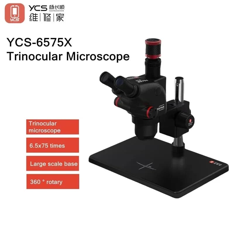 Microscopio trinoculare YCS 6575X Ultra HD con base grande per telefoni Microscopio per saldatura PCB Kit di strumenti per microscopio con fotocamera 4K