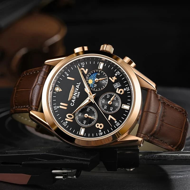Orologio al quarzo con cronografo in pelle di lusso di marca Carnival per uomo Orologi da calendario impermeabili militari sportivi di moda Reloj Hombre