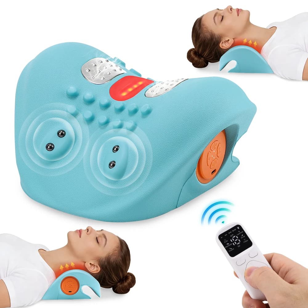 Massaggiatore Cervicale Elettrico, Stretcher per Collo con EMS, Luce Rossa, Riscaldamento, Vibrazione, Cuscino Massaggiante per Spalle e Trazione Corporea