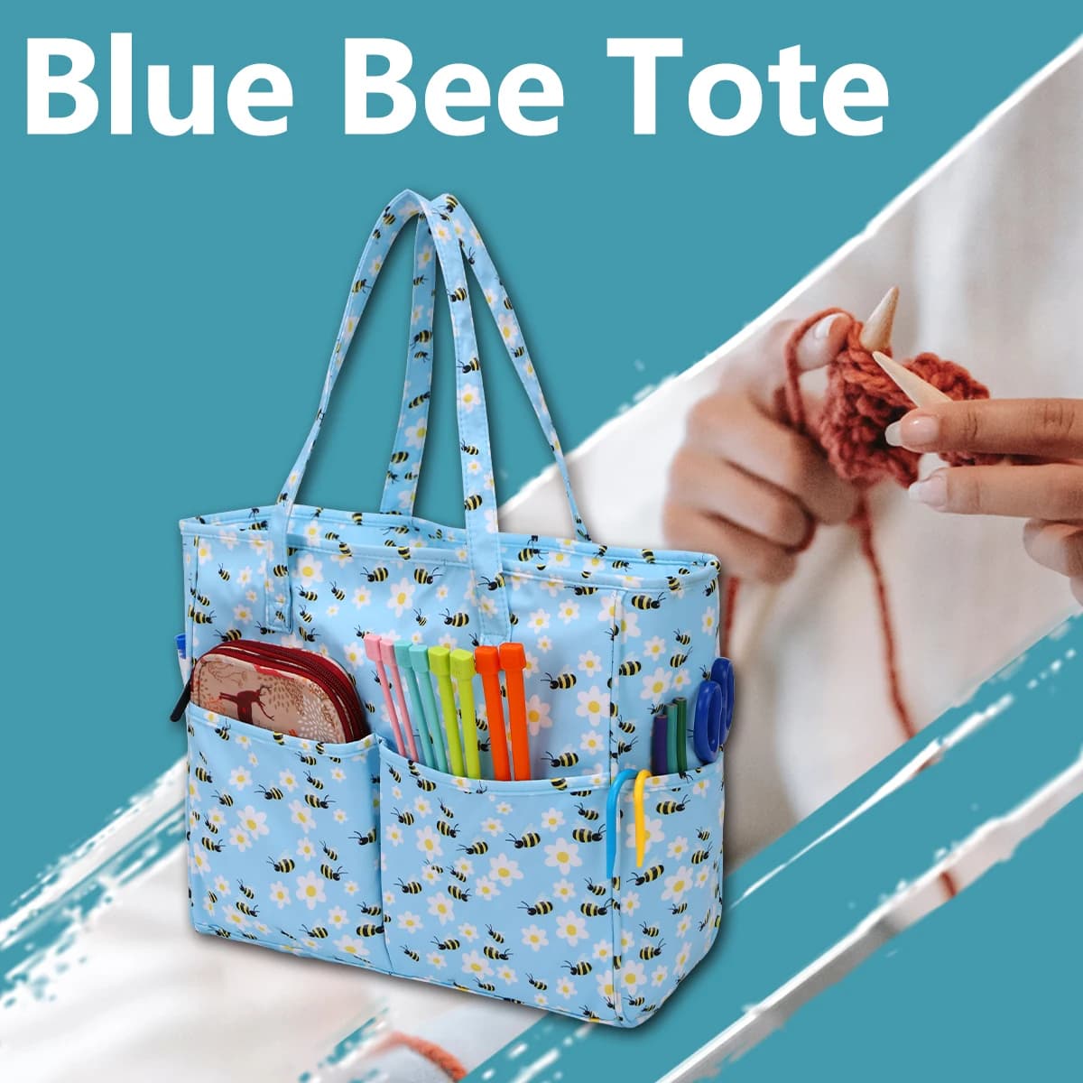 Nuova borsa portaoggetti in filato d'ape Borsa tote portatile in lana Crlchet Organizer Borsa tote da viaggio in tessuto Oxford per cucire uncinetto
