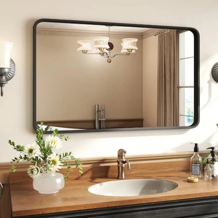Specchio da Bagno da Parete, Rettangolare 40x30 Pollici, Specchio da Toilette con Cornice in Metallo per Bagno Rustico, Antiruggine, T