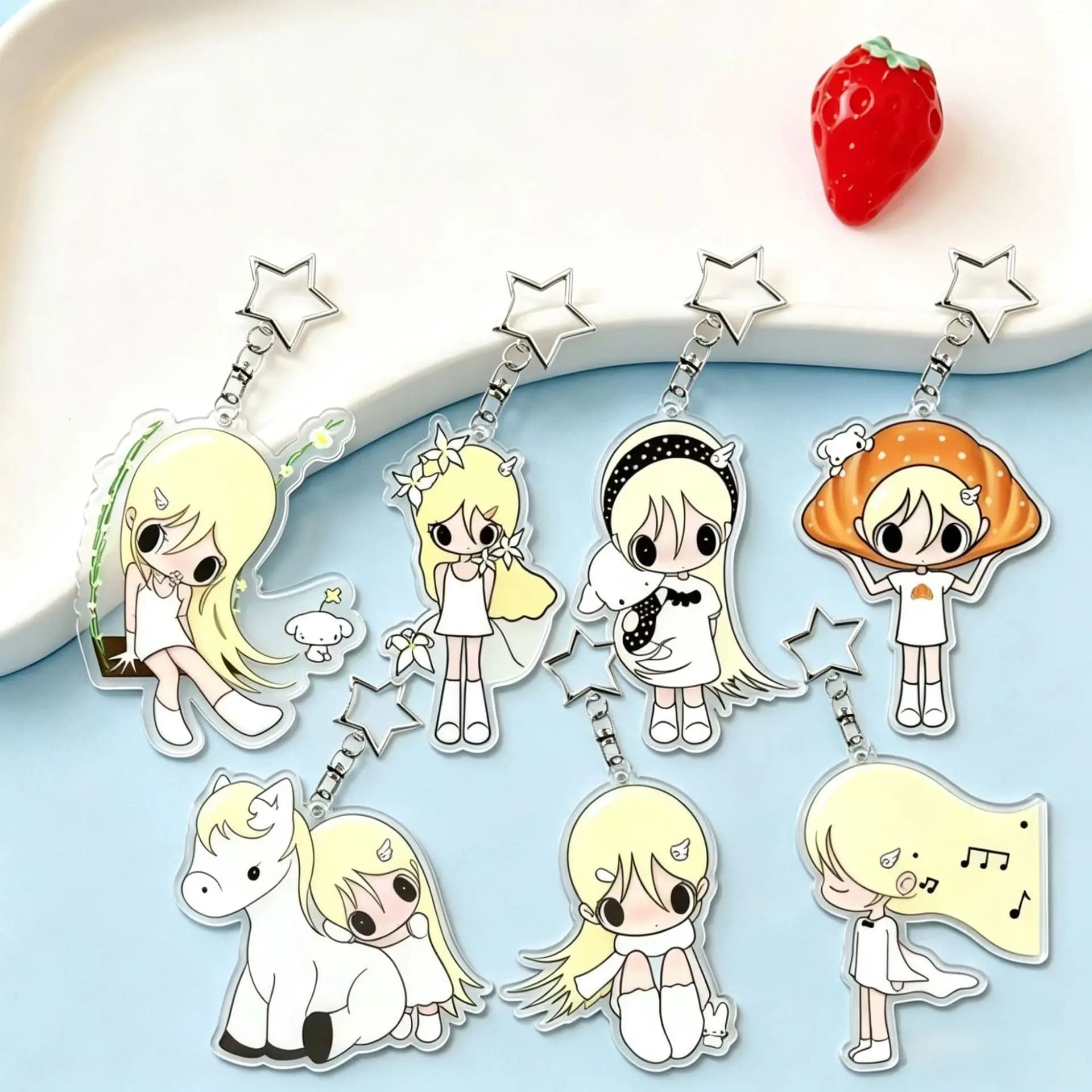 Cute Blonde Girl Acrylic Keychain Cartoon Dress Girl Star Clasp Bag Pendant Kawaii Character Backpack Key Ring Women Jewelry