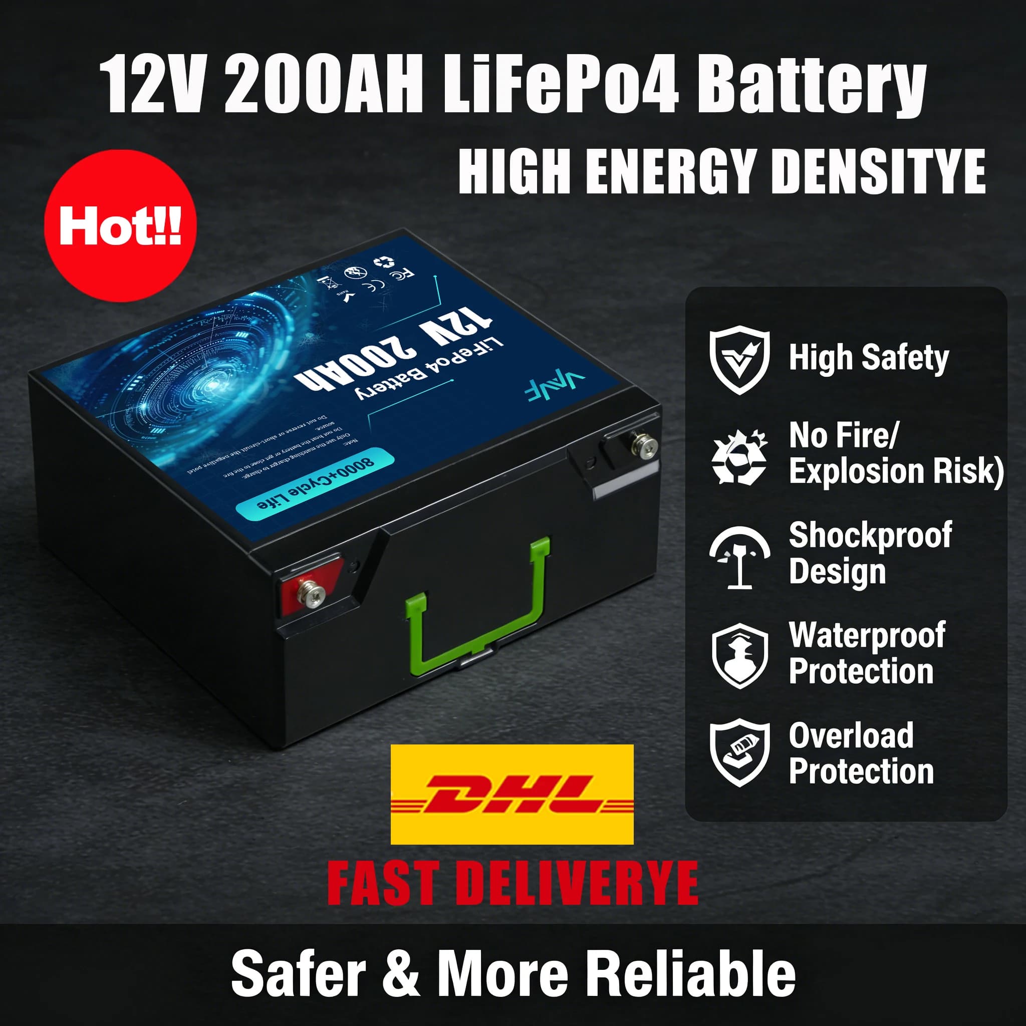 ⚡ Batteria LiFePO4 12V 200Ah con BMS Intelligente Integrato 🔆 Oltre 5000 Cicli, Adatto per Pannelli Solari, Camper, Imbarcazioni, Overlanding
