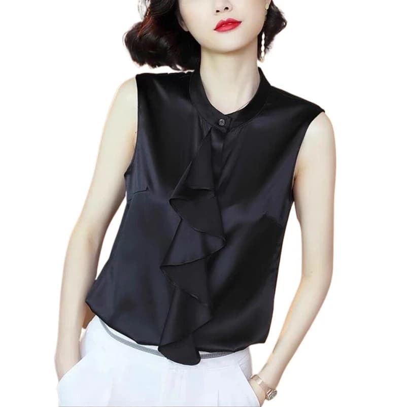 2025 Estate nuova moda increspata da donna ed elegante camicia di seta di ghiaccio Stile coreano Versatile top in raso di acetato camicetta Nero bianco