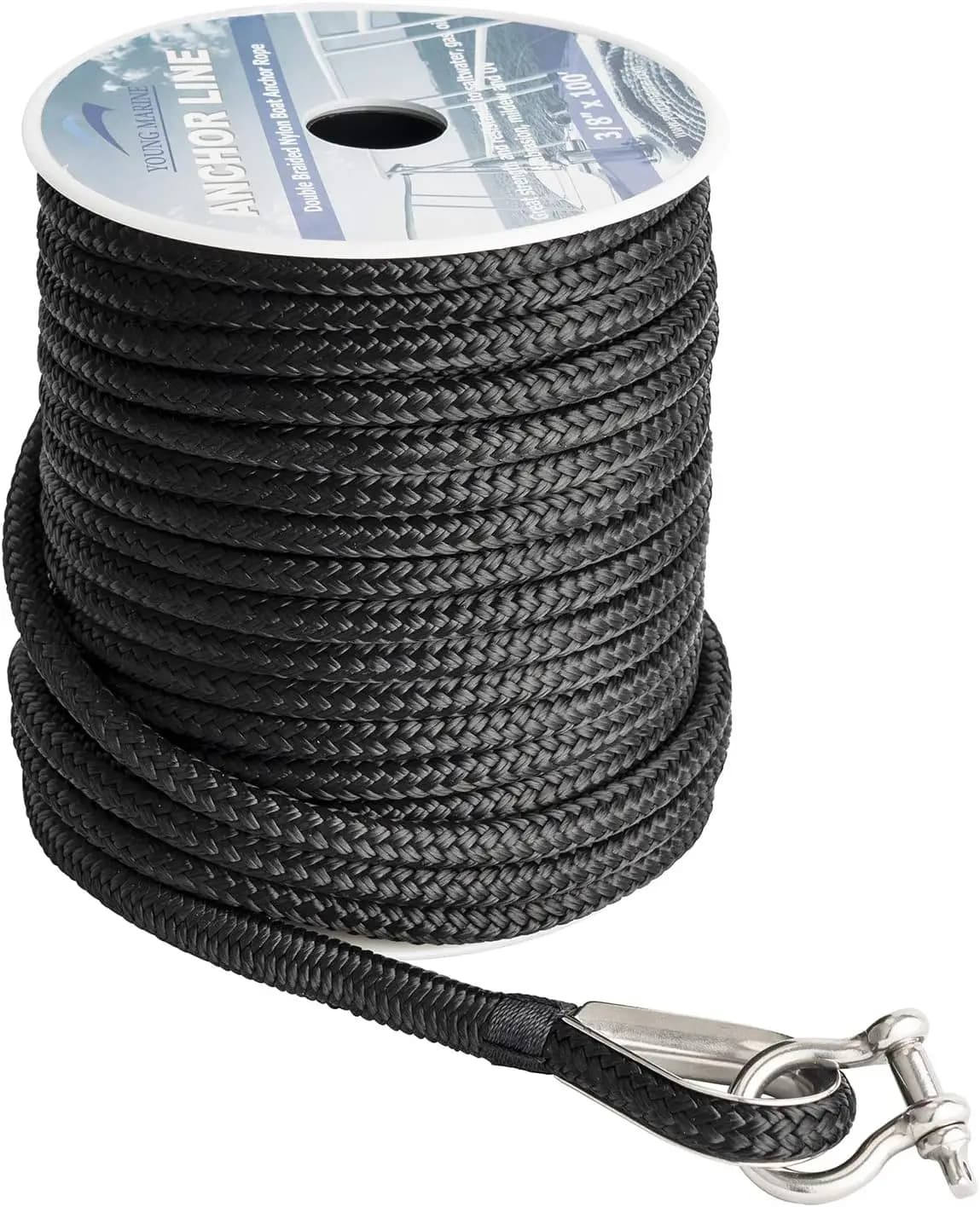 Corda di Ancoraggio in Nylon a Doppia Treccia da 3/8 Pollici con Anello di Fissaggio, 150 Piedi, Linea Marina Nera per Imbarcazioni