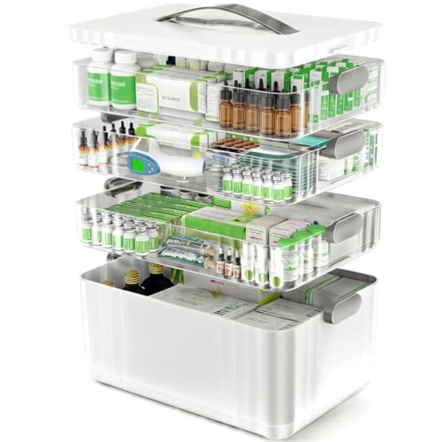 Organizzatore di Medicinali a 4 Livelli - Armadietto Portatile per Medicinali con Maniglia in Plastica, Scatola Medica Multiuso Vuota, Kit di Pronto Soccorso per Casa