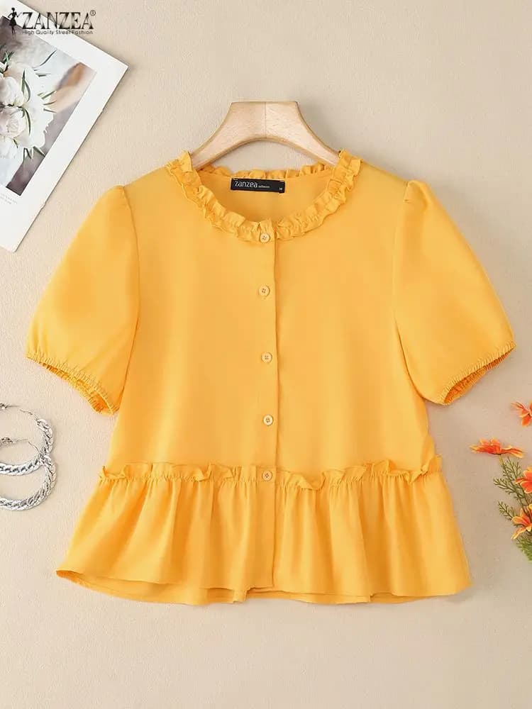 2025 Summer blouse ZANZEA Elegant work shirt ripped Woman Short sleeve Bottoni Top Casual Solid Holiday Busas Mujer Oversize