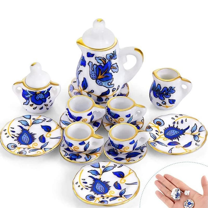 Set di tazze da tè in miniatura gioco in miniatura Te casa delle bambole Mini Set da tè blu e bianco stoviglie Chintz cucina mobili per casa delle bambole