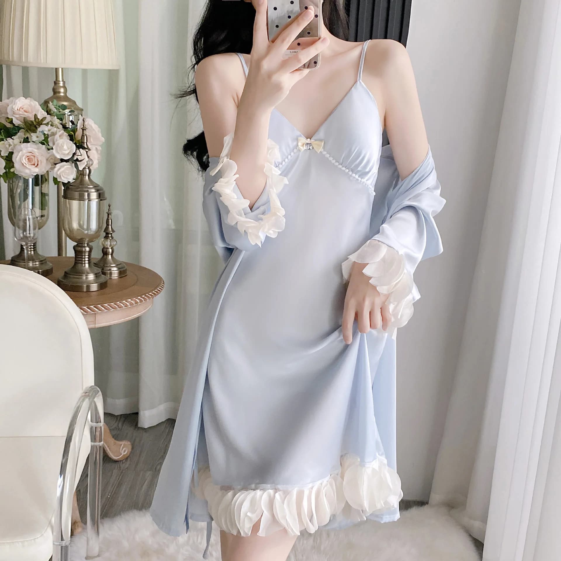 2Pcs Sexy Lace Lingerie Silk Satin Nightgowns Robes Sets for Women 2025 Summer Korean Bathrobes Sleepwear Nightdress Night Dress