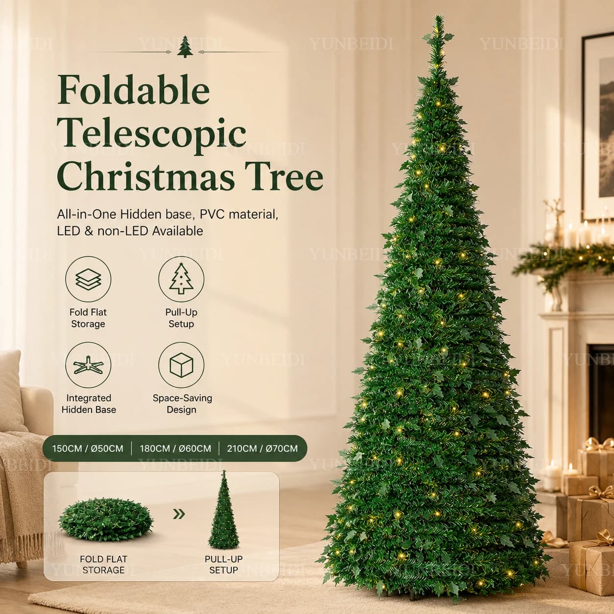 Artificial Christmas Tree Integrated Foldable with Ornaments LED Lights Christmas Tree 150cm To 210cm Home Christmas Decorations