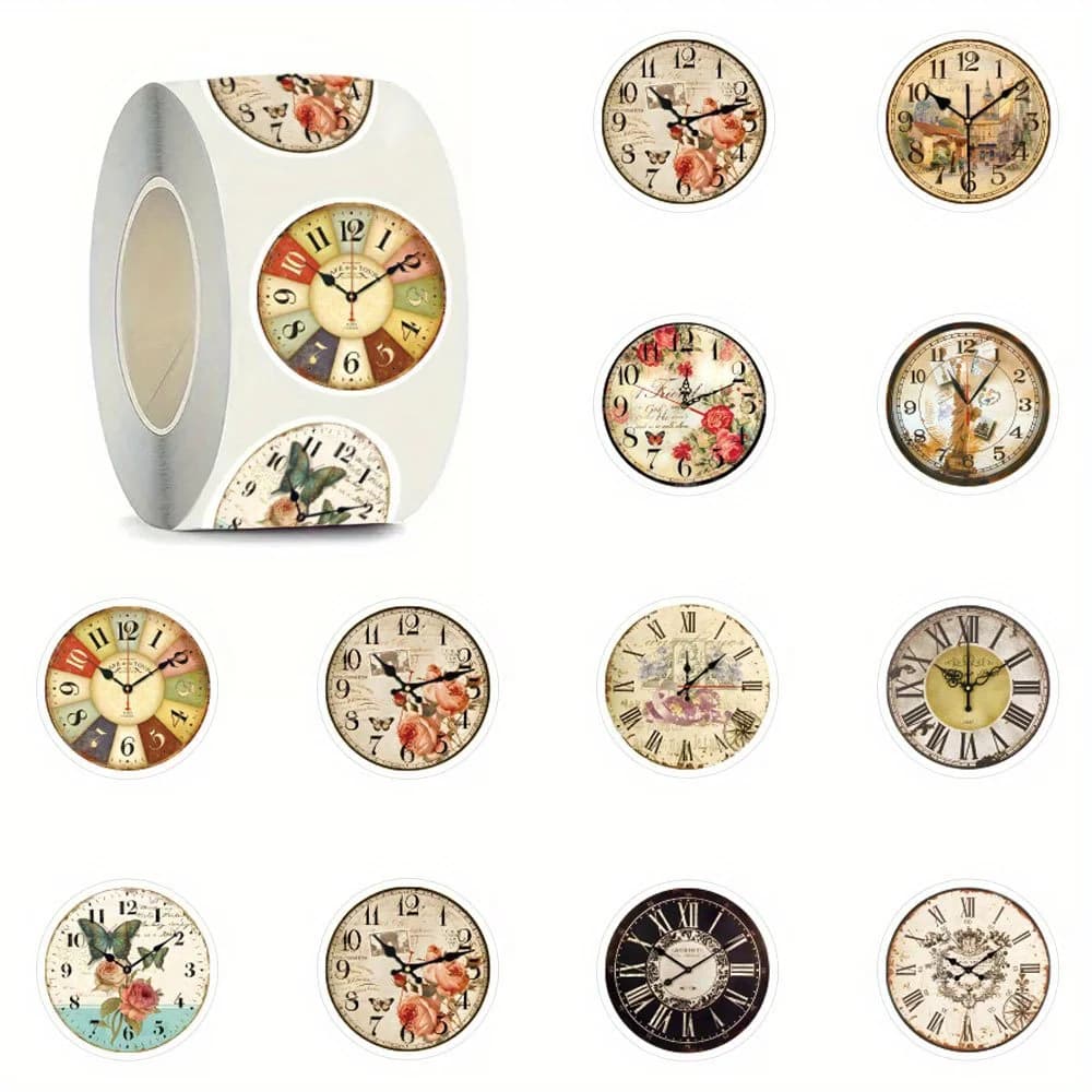 500 Pezzi/Rotolo di Nastro Adesivo Vintage a Tema Orologio, 1 Pollice, Autoadesivo Decorativo per Sigillare Lettere, Regali, Adesivi per Skateboard, ecc.