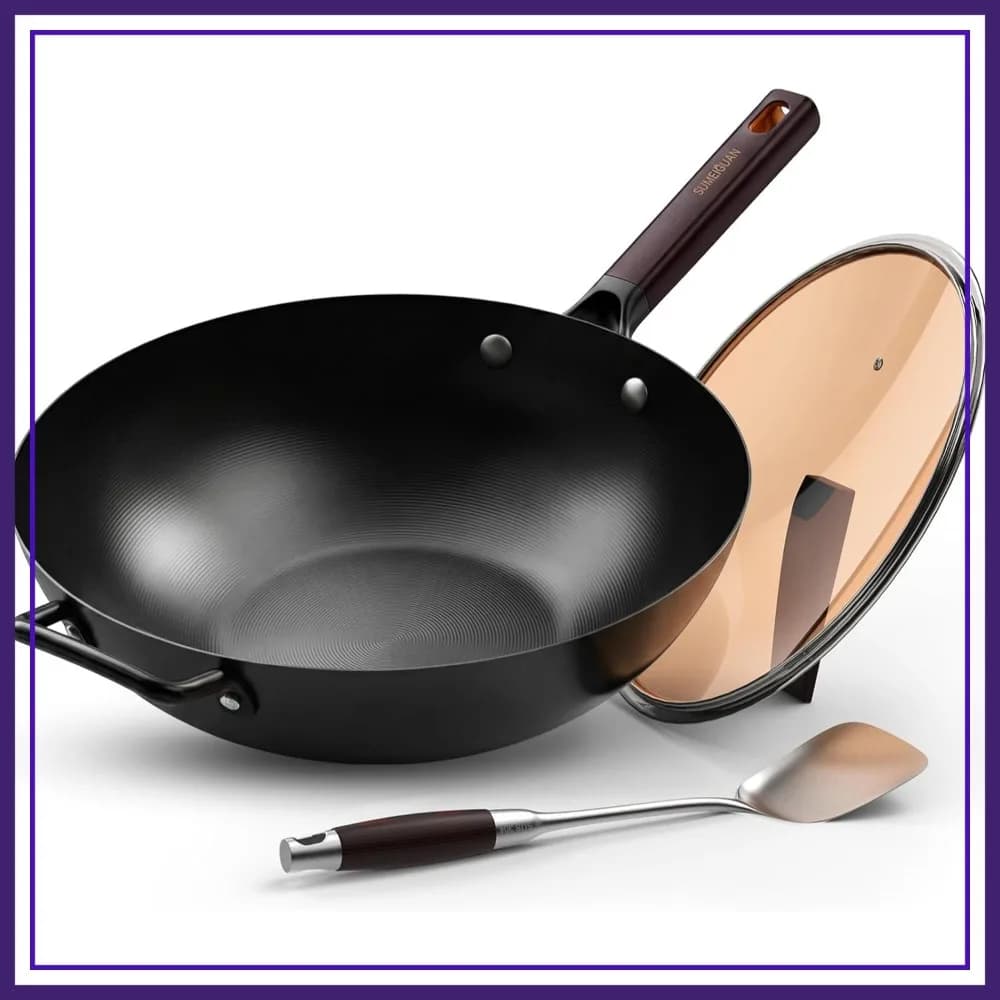 Wok in Acciaio al Carbonio da 13,5 Pollici - Pretrattato con Fondo Piatto, Utensile da Cucina Cinese con Coperchio e Spatola, per Stir-Fry, Cottura a Vapore, BBQ e Campeggio, Compatibile con l'Induzione