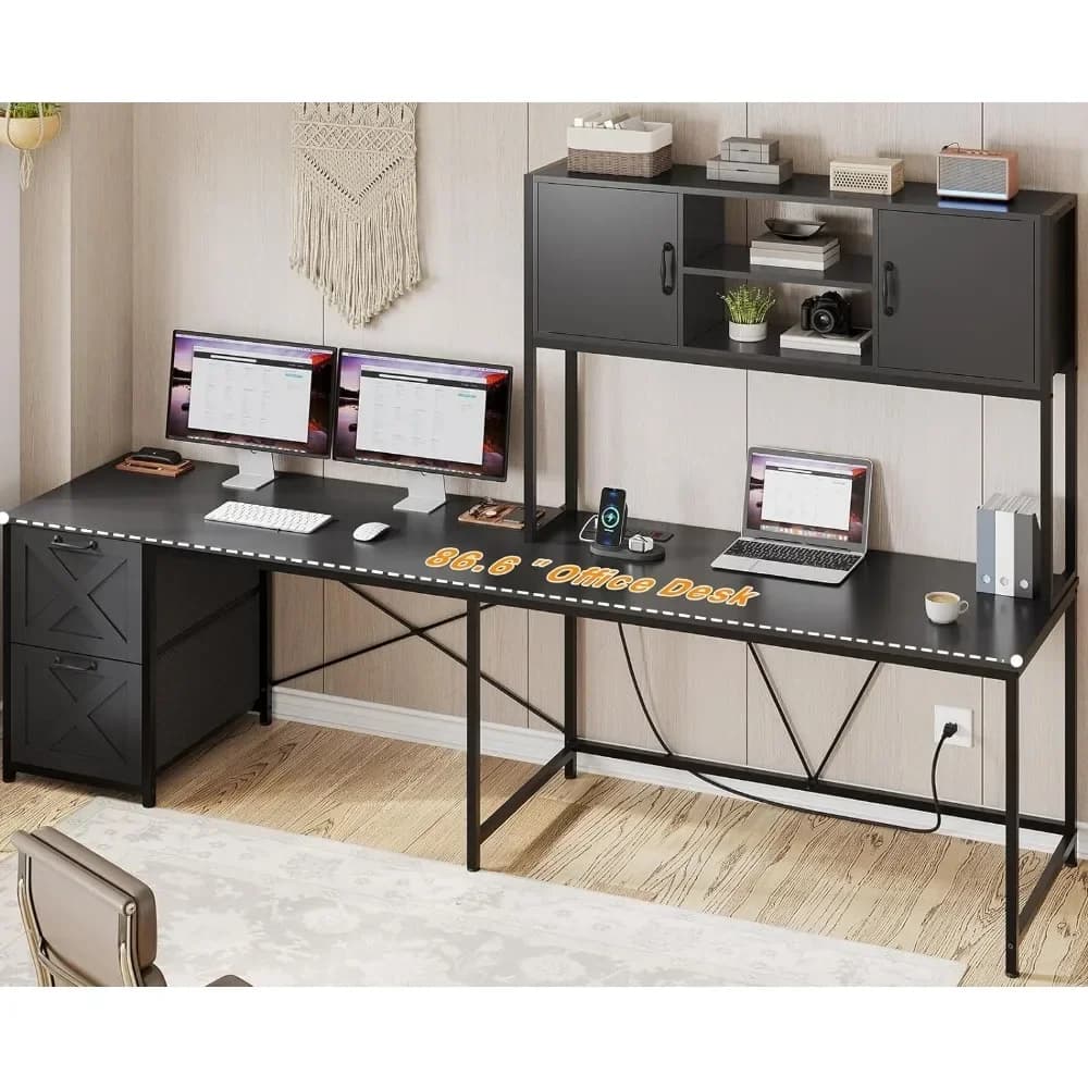 # Per scrivania del computer, reversibile a L con cassetti in tessuto e presa di corrente, scrivania da gioco con luci a LED e