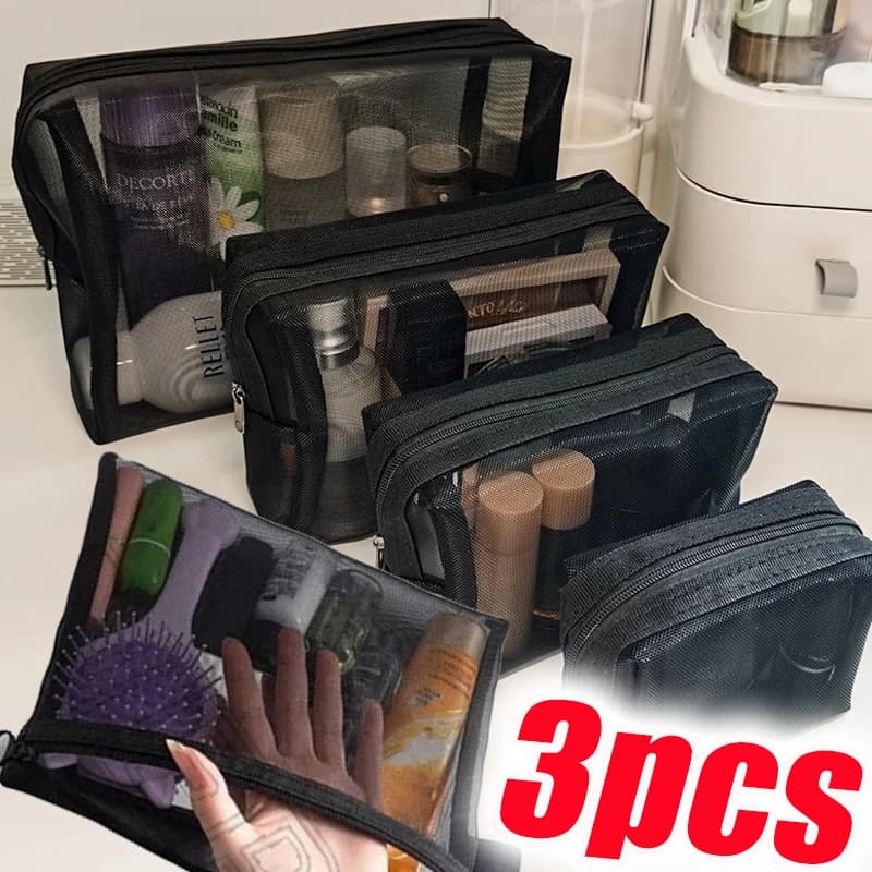 Borse per trucco nere di 3 dimensioni Borsa per cosmetici trasparente piccola e grande in rete Organizzatore per astucci per cosmetici Astuccio Neceser