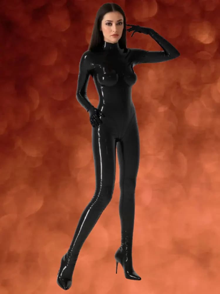 Wetlook PVC Lucido Tuta Modellante Seno Hot Sexy Zentai Faux Latex Body Guanto a Cinque Dita Corpo Intero Tigths Donna Body