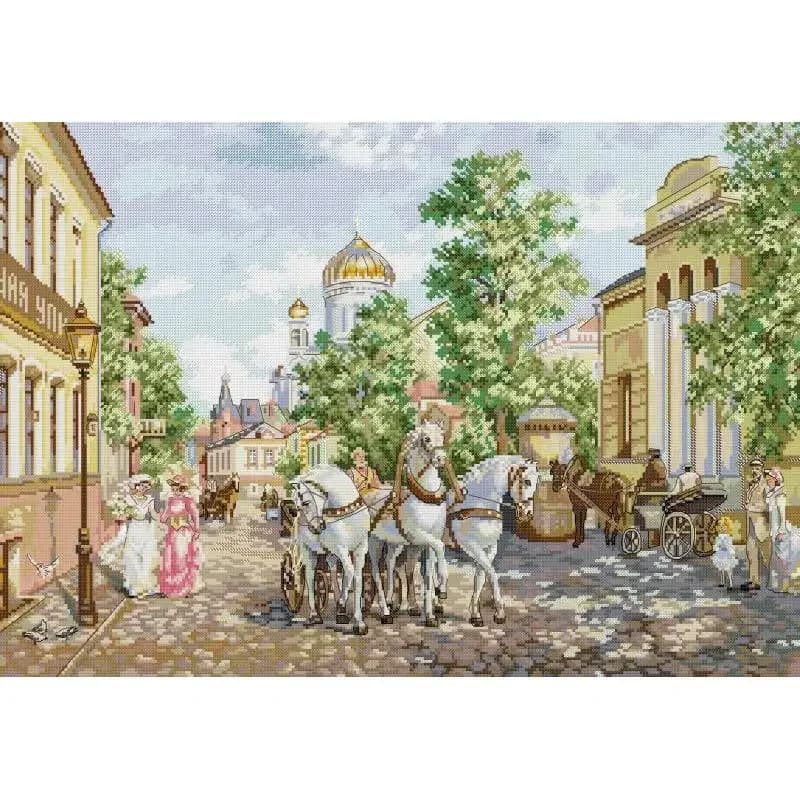 Carrozza davanti alla chiesa Kit punto croce scenico 14CT 16CT 11CT Kit da cucito in tessuto stampato con conteggio Ricamo a mano fai da te