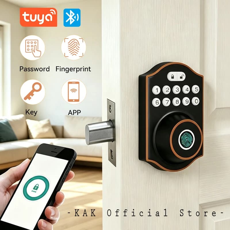 KAK American Style Smart Deadbolt Door Lock with Tuya Bluetooth Fingerprint Door Lock Keyless Digital Password Lock Hardware