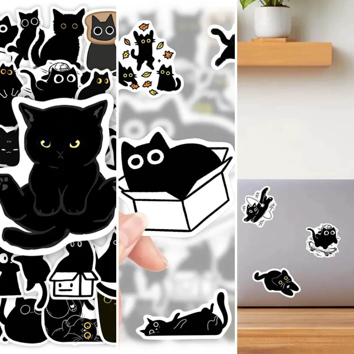 Fun cartoon-style black feline decals waterproof vinyl stickers for laptops phones bottles journals mirrors smooth surfaces mode