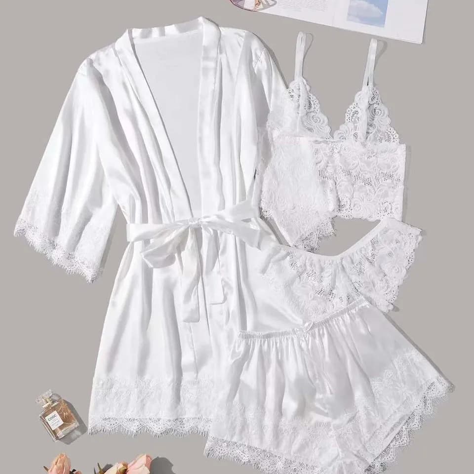 Set loungewear di lusso in pizzo da 4 pezzi - Canotta + pantaloncini/pantaloni + vestaglia kimono | Collezione di indumenti da notte sexy da donna