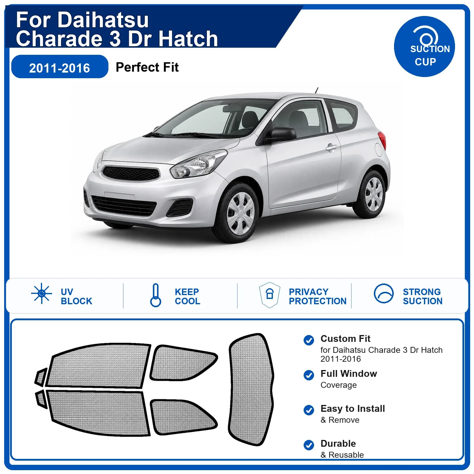 For Daihatsu Charade 3 Dr Hatch 2011-2016 Custom Full Set Windshield Sun Shade Aluminum Foil Heat Insulation Anti UV Foldable