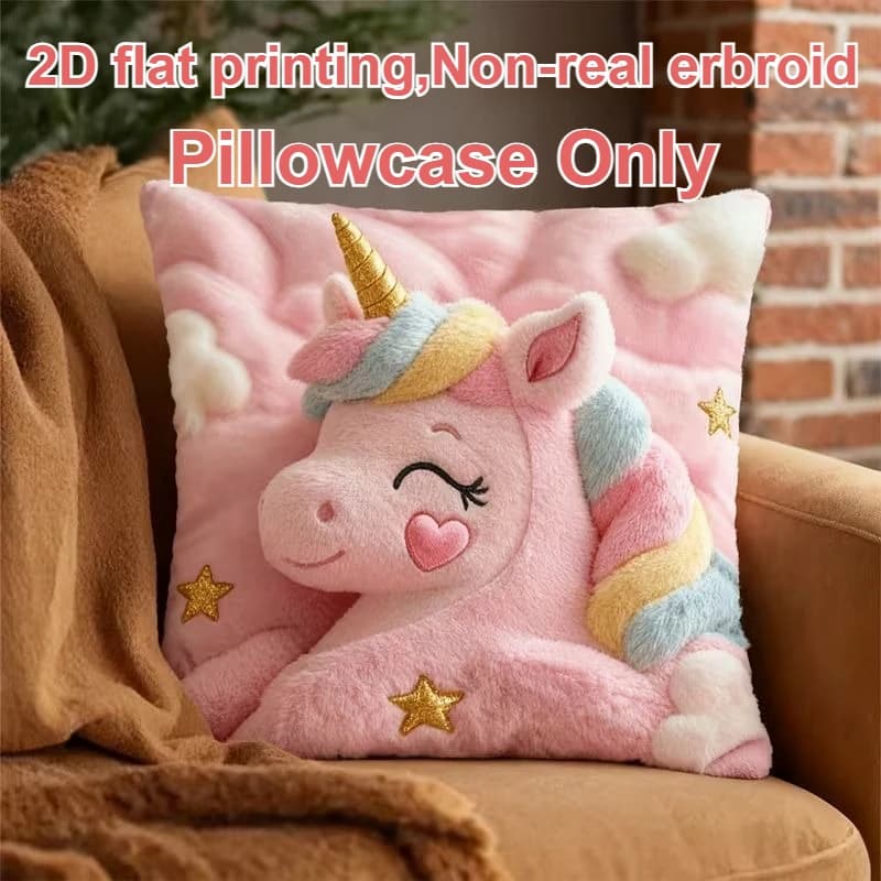 Cute Unicorn Plush Pillow Case with Rainbow Tail & Stars, Pink Magical Cover, Zipper, Machine-Washable Bed Sofa Decor, No Insert