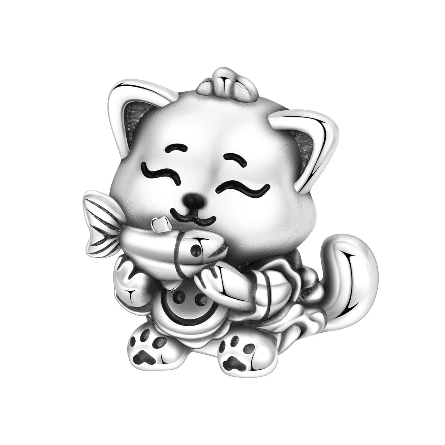 PANPOKI 925 Sterling Silver Fish Eating Cats Animals Pet Beads Original Pendants Bracelet Charm Jewelry Party DIY Trendy Gifts