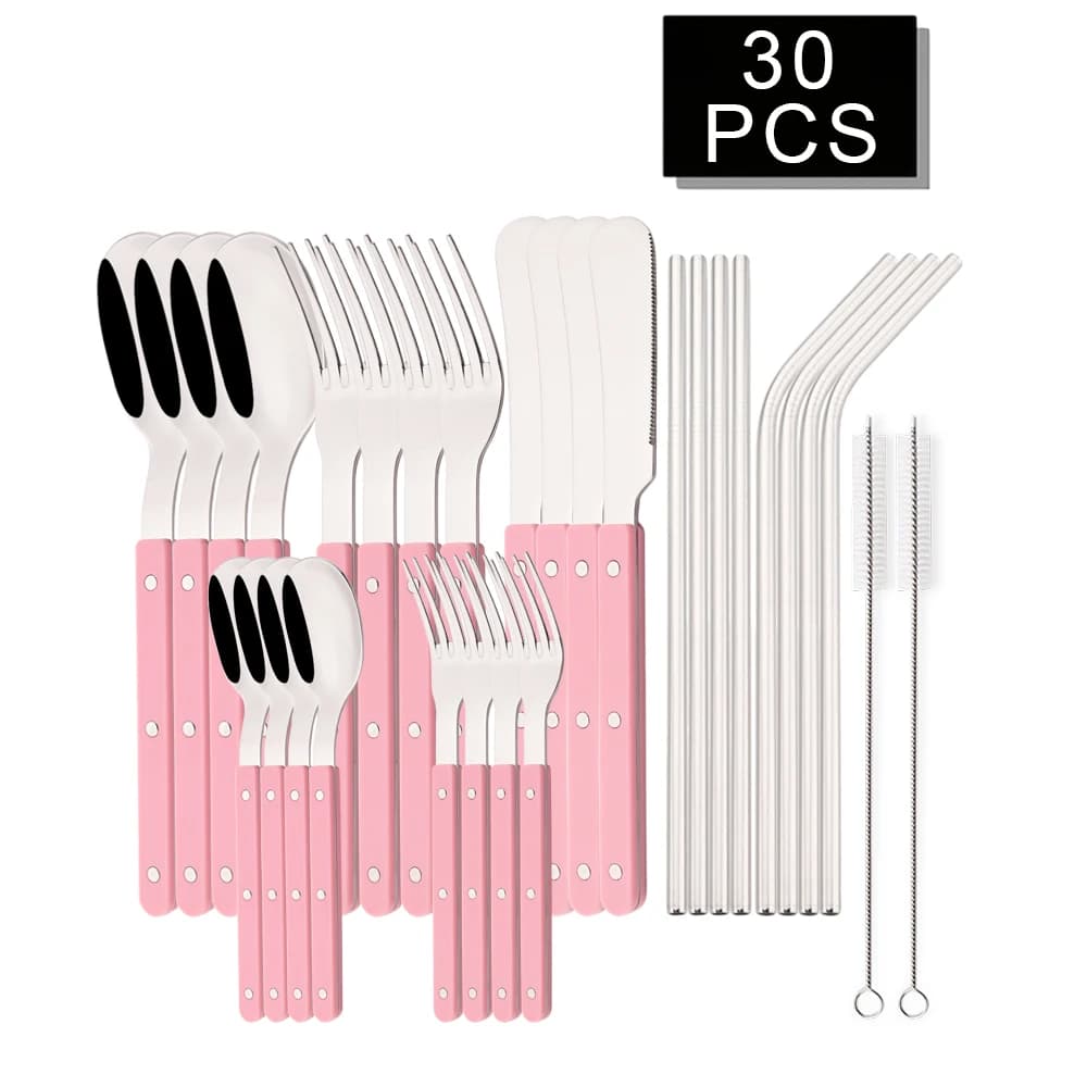 30 pezzi set di posate manico in acrilico coltello da pranzo forchetta cucchiaio set di paglia in acciaio inossidabile stoviglie occidentali posate da cucina di casa