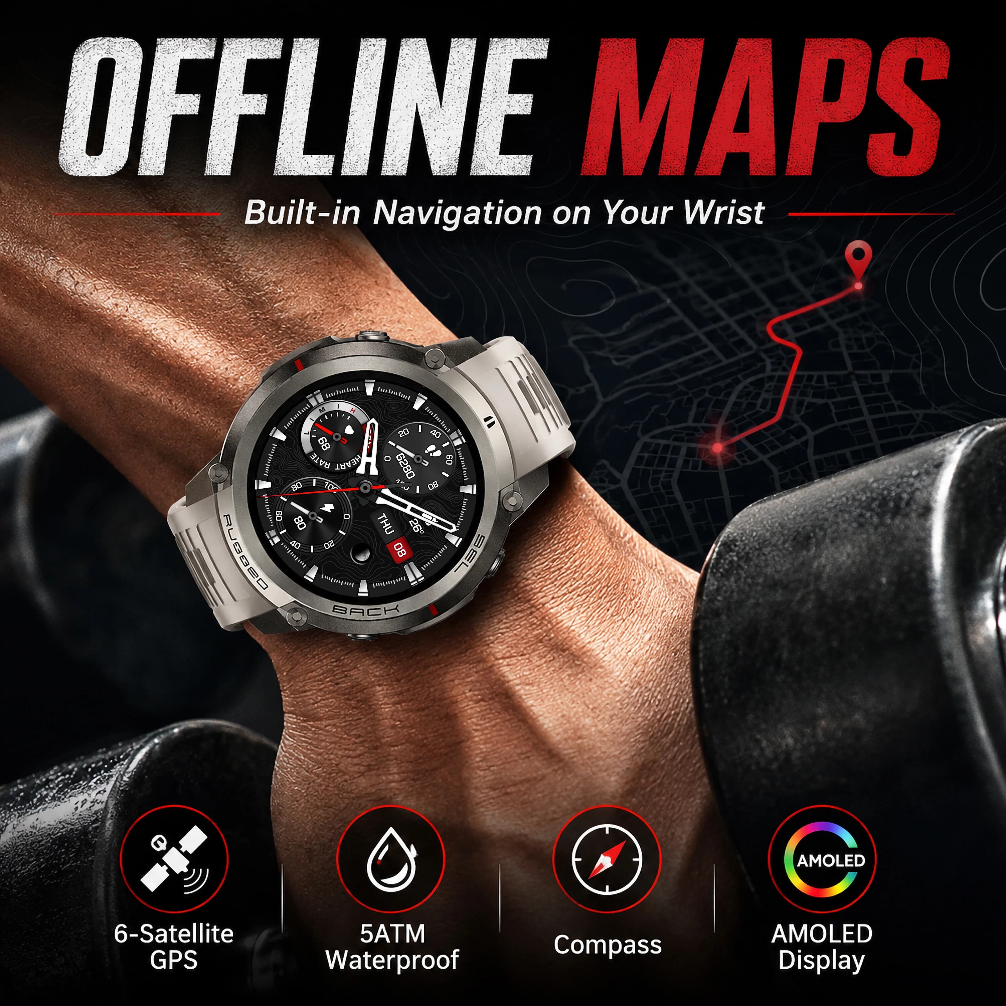2026 New GPS Smart Watch Men Offline Map 6-AGPS 5ATM Waterproof 1.43"AMOLED Screen BT Call Compass 170+Sports Fitness Smartwatch